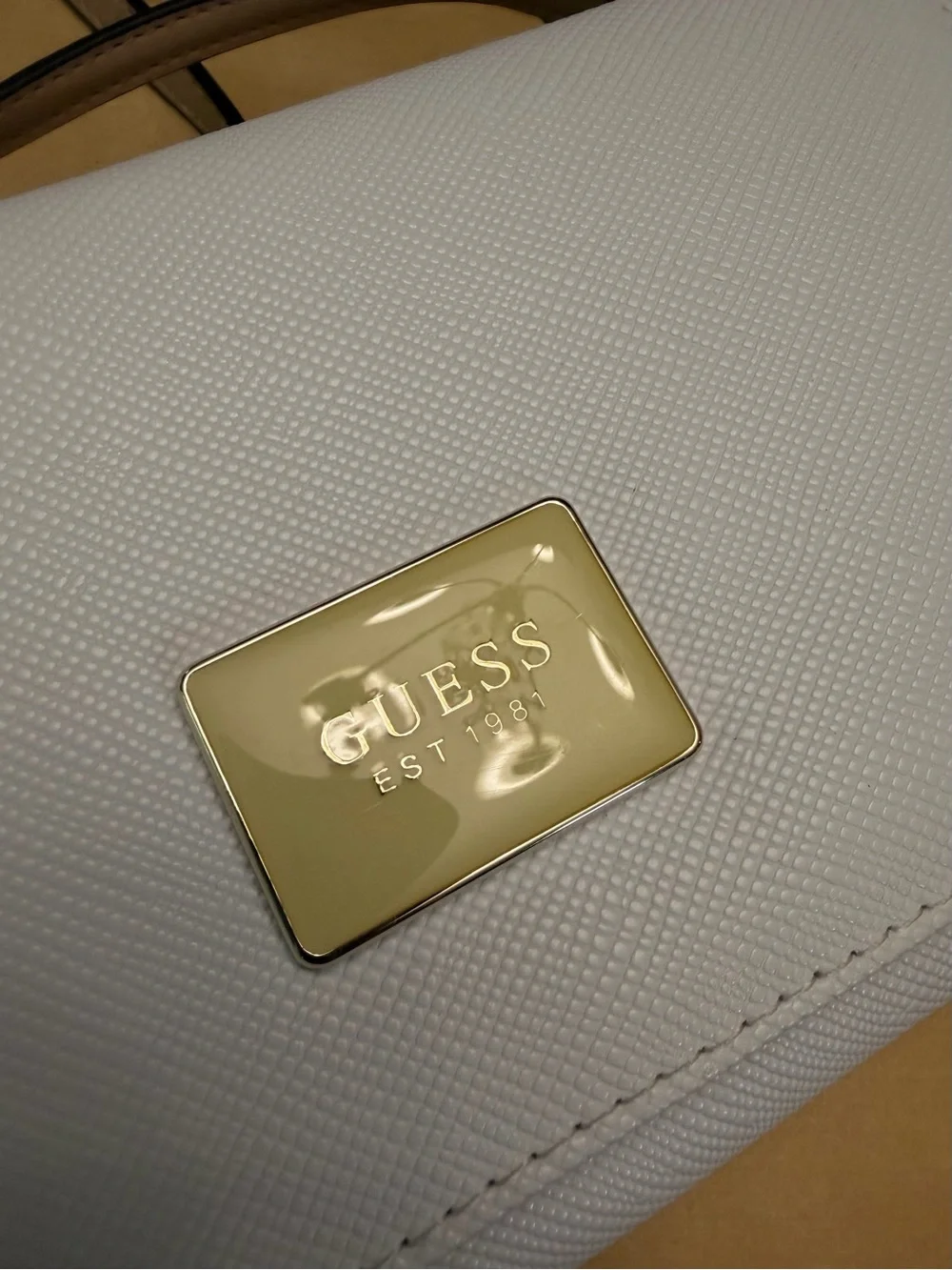 GUESS White Crossbody with Gold Logo Plaque and Chain Strap